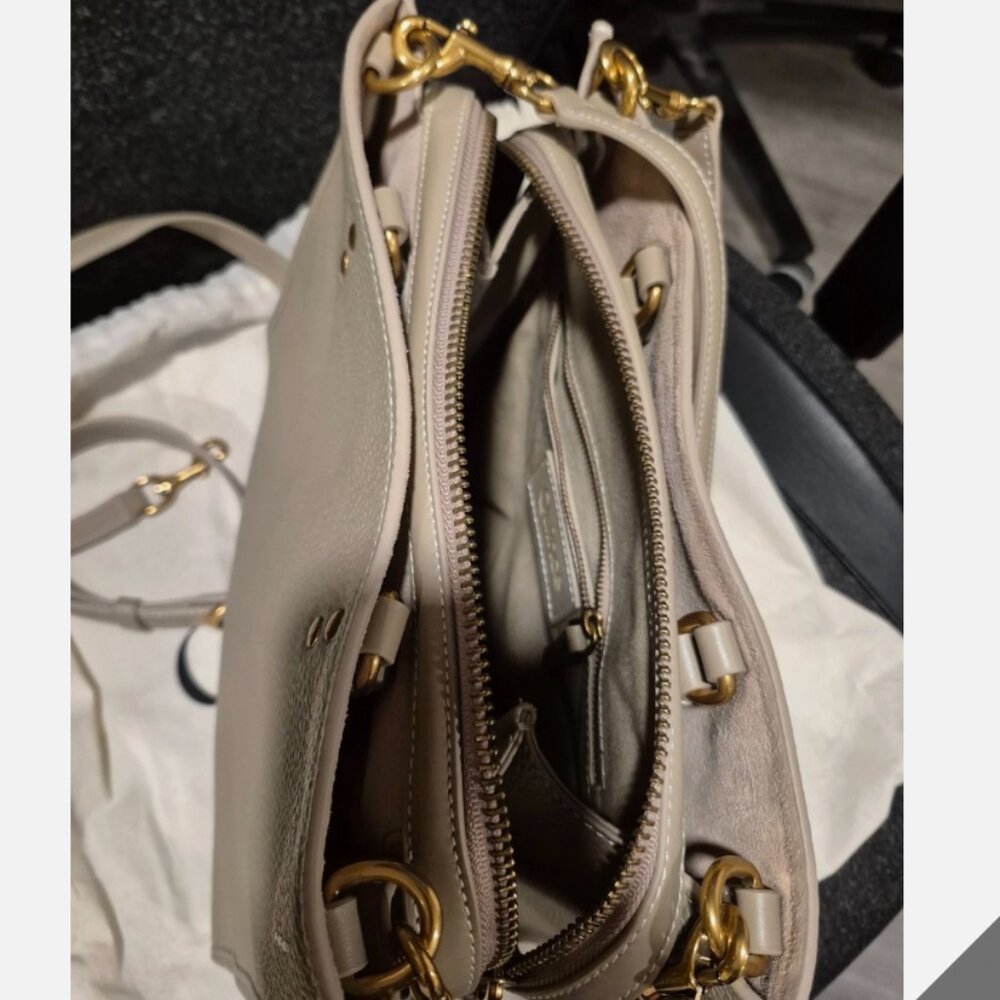 NWT QUINCE Italian Leather Medium Convertible Satchel Taupe Ecru 3way bag - Picture 13 of 16